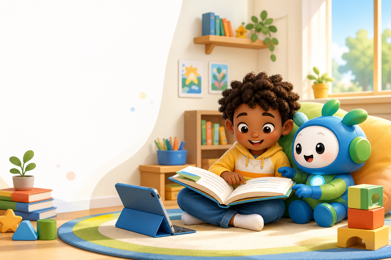 Un enfant lit avec le compagnon L&eacute;o dans un coin de lecture lumineux